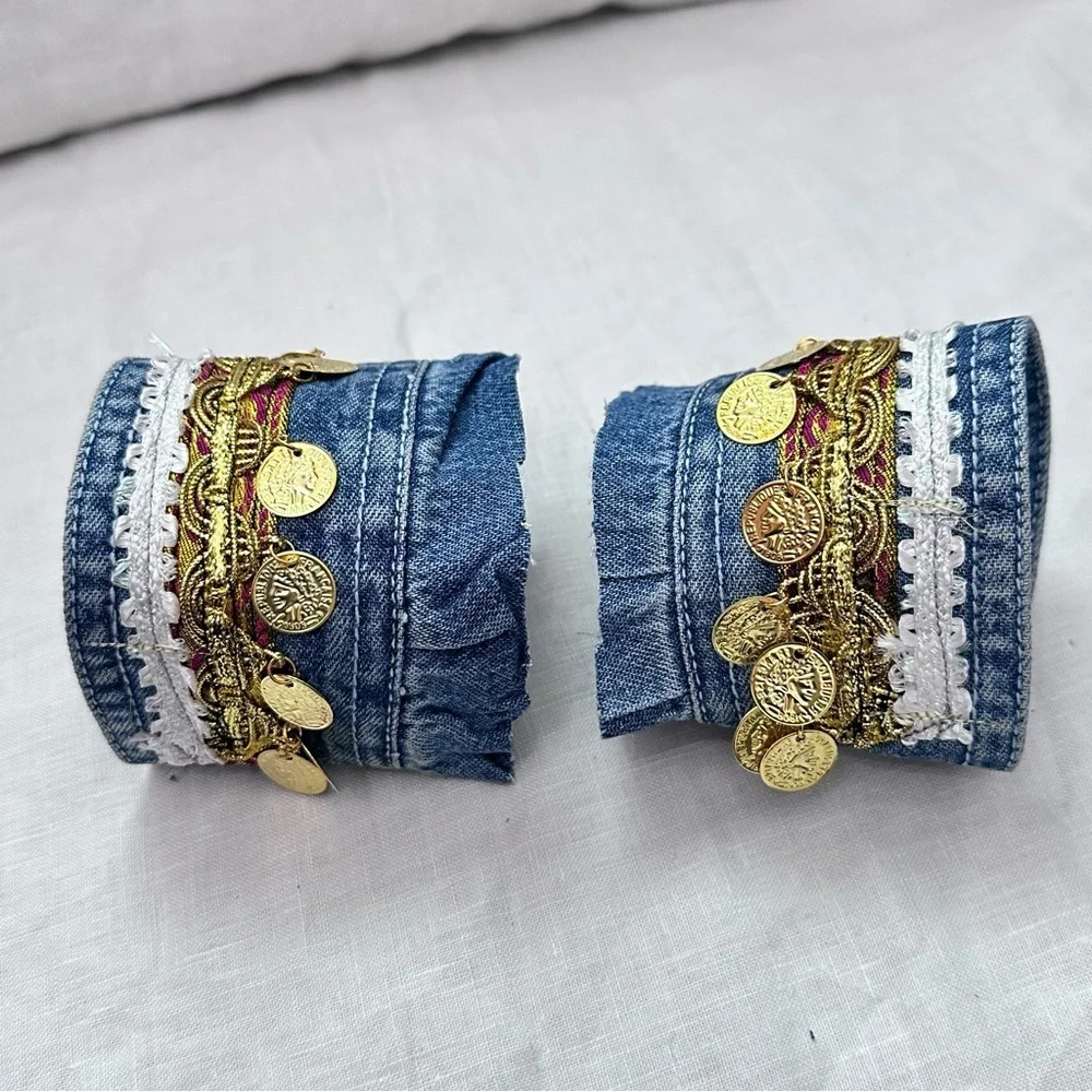 RUBYRUDI Artisan Denim Cuff Bracelet Set Shabby Chic Tattered Raw Edge Signed